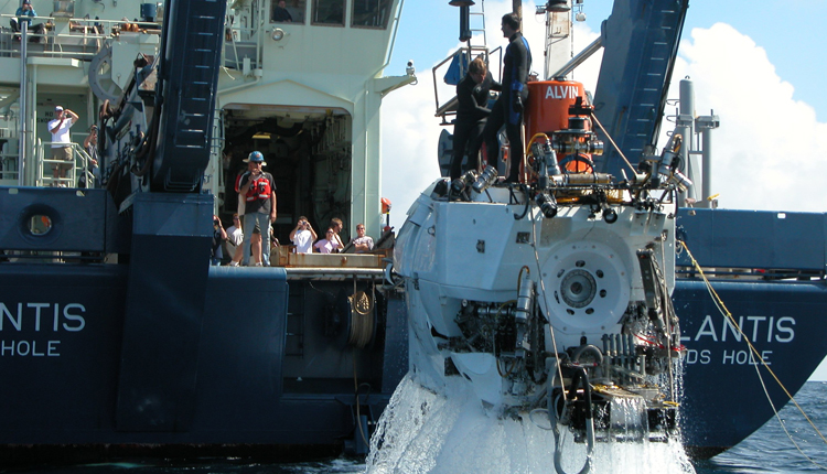 Alvin, Gulf of Alaska Seamount Expedition Alvin, a human occupied vehicle (HOV), returns to the ship after a dive.