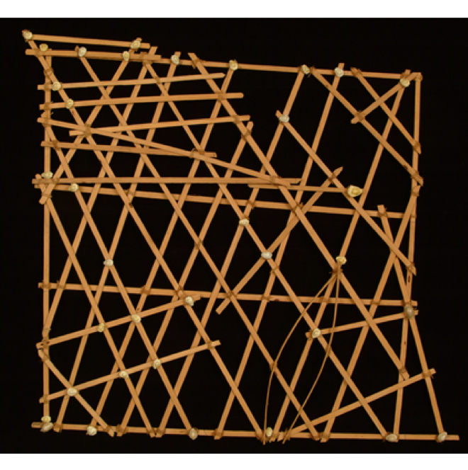A square of interwoven sticks and cowrie shells
