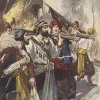 Pirate Henry Morgan arrives with his rifle and his crew  in Panama City