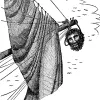 Blackbeard&#039;s head suspended from the end of a bowsprit.