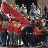 Tlingit paddlers set the canoe in Washington’s Potomac River for its ceremonial launch.