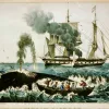 Yankee Whalers: An 1856 Currier &amp; Ives print shows whalers harpooning a right whale.