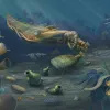 A rendering of an underwater marine scene from the Cambrian Period, featuring an arthropod, annelids, and other animals.