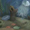A rendering of an underwater marine scene from the Proterozoic Eon, featuring a creature that resembles a jellyfish and other organisms.