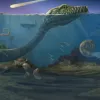A rendering of an ocean scene as it may have looked 65 million years ago, when an astroid fell to Earth and triggered a mass extinction event. 