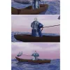 A 3D rendering of a man wearing a blue and white fish skin robe, standing on a boat in the ocean.