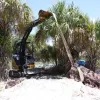 A front loader digs in the beach