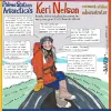 a woman in a red parka and yellow gloves sits on a boat bow