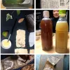 A series of six images depicting the Kakishibu dyeing process. The top two images show slices of persimmons, the middle two show the brown shades of juice distilled from the fruit, and the bottom two show a swatch of fish skin being dyed brown with the juice.