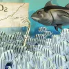 A still from the animated movie showing a skeleton holding a graph that charts rising rising carbon dioxide for a school of fish to see. 