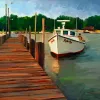 A painting of a working vessel moored at a dock.