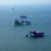 An aerial shot of oil rigs off the Louisiana coast.  
