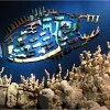 A fish made from pieces of plastic found on the beach swims above a bleached reef made of Styrofoam. 