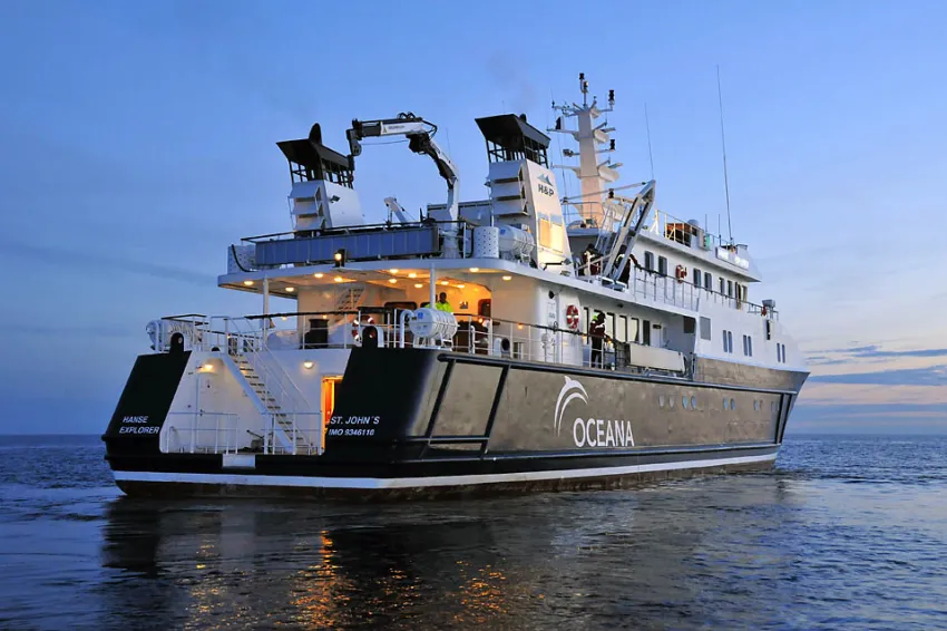 A photo of Oceana's ice class research vessel, the Hanse Explorer, on the Baltic Sea.