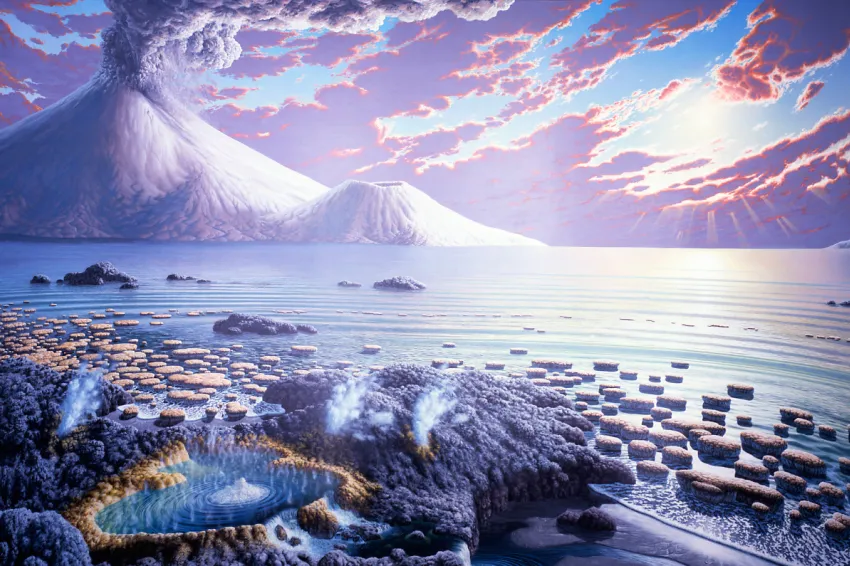 An artistic rendering of an ocean landscape as it may have looked during the Archean Eon.