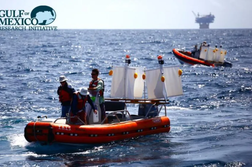 One-meter-tall plastic drifters are released into the Gulf of Mexico in 2012. Over 300 of these drifters were released and their location information was sent to researchers every five minutes through GPS satellite. 