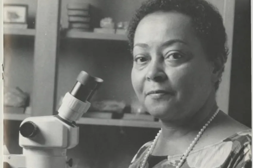 a woman with short black hair and a long necklace of pearls sits in front of a microscope and holds a small button coral