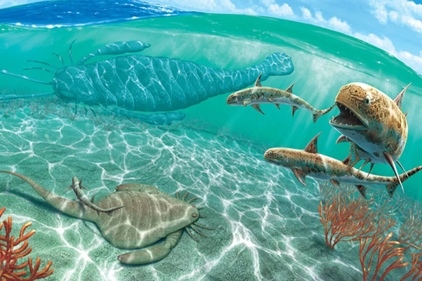 a reef scene with fish and large "sea scorpions"