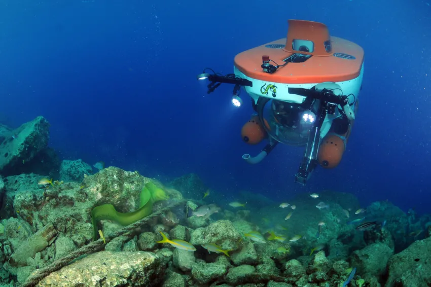 A submersible explores the deep reefs off of Curacao in the Caribbean.