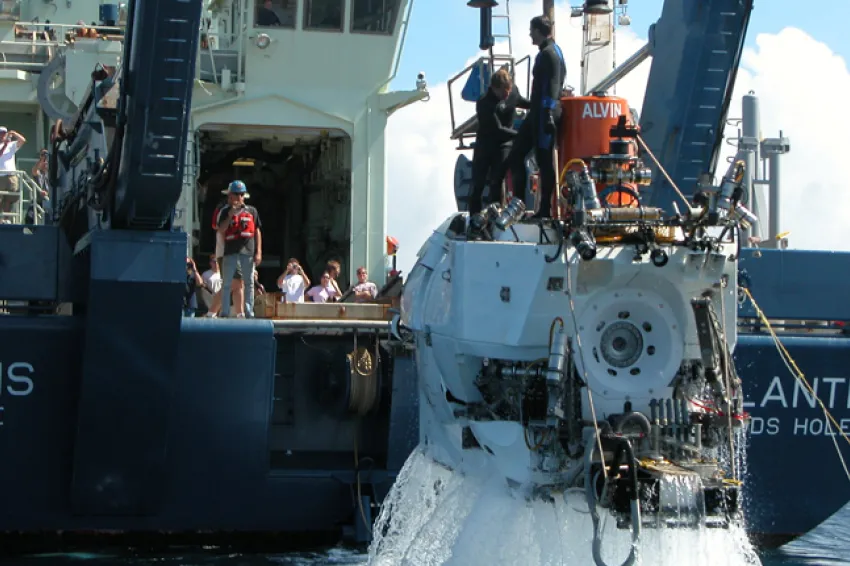 Alvin, a human occupied vehicle (HOV), returns to the ship after a dive.