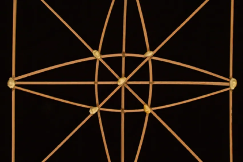 Diagonally crossing sticks in a square frame of sticks.
