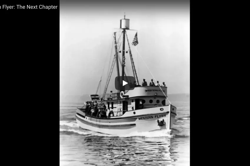 Black and White photo of the Western Flyer on the ocean.