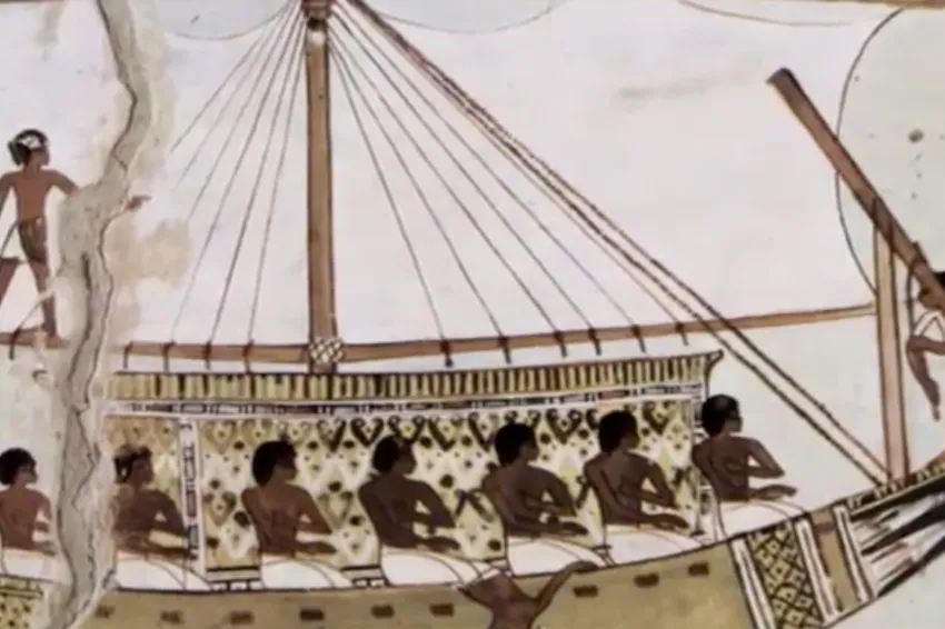 An image of an ancient Egyptian sailboat painting.