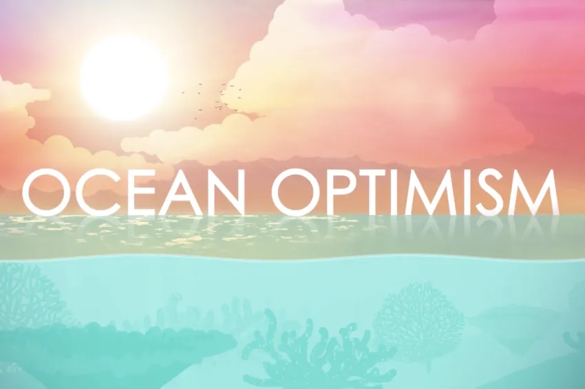 Thumb of Ocean Optimism with greenish water and pinkish sky with clouds.