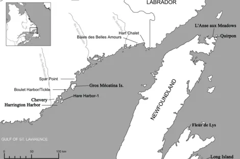 A map of the early European whaling site at Hare Harbor in Quebec, Canada