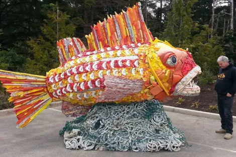Henry the Fish is made completely out of colorful plastic that washed up on Oregon beaches.