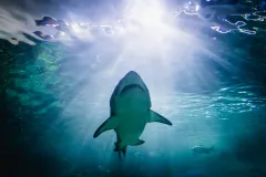 A shark swims above.