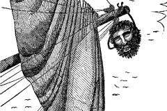 Blackbeard&#039;s head suspended from the end of a bowsprit.