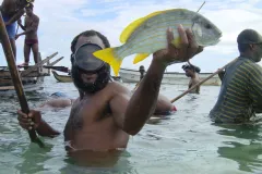 A fisherman in Papua New Guinea shows his catch for a ceremonial feast. Communities there are successfully managing their local reefs by observing temporary fishing closures that end in time to celebrate the traditional feast.