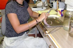 a young scientist with long black hair sits at her desk