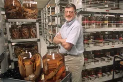 Smithsonian Zoologist Dr. Clyde Roper in front of the museum's stored cephalopod collection.