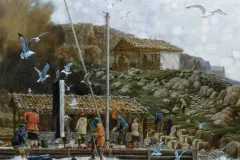 Close-up of a 17th century painting shows how whales were brought ashore for processing and their blubber rendered into marketable oil.