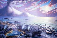 An artistic rendering of an ocean landscape as it may have looked during the Archean Eon. 