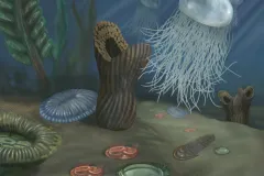 A rendering of an underwater marine scene from the Proterozoic Eon, featuring a creature that resembles a jellyfish and other organisms.