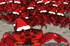 Hundreds of illustrated red crabs gathering on sand with Santa hats. 