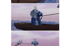 A 3D rendering of a man wearing a blue and white fish skin robe, standing on a boat in the ocean.