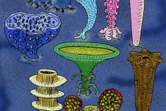 Colorful illustration of extinct Archaeocyatha that lived on the seafloor.