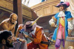 This watercolor painting shows William Dampier venturing into the unknown aboard a pirate ship.