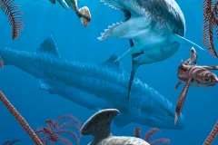 a bunch of fish, including a shark, in a forrest of sea lilies