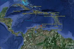 A map of of the Caribbean, featuring the island of Curaçao.
