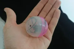 a spherical container in an open palm