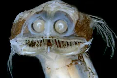 An image of the face of a telescope fish with large pearly eyes. 