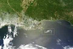 Satellite view of the Gulf Coast oil spill off of Louisiana, April 29, 2010.