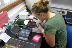 Researcher Aimee Ellison tests samples for DNA barcoding at the Gump Field Station on Moorea.