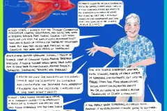 a cartoon of a man in a Hawaiian shirt next to a red vampire squid