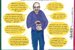 a cartoon man stands with a jar of specimens